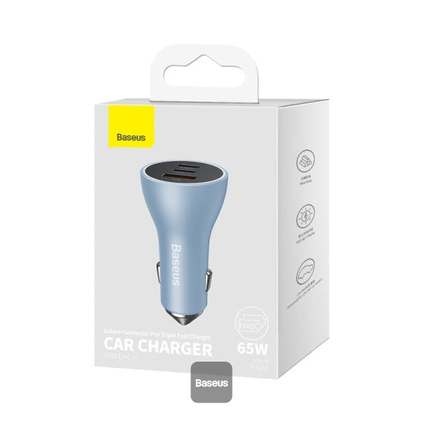 Baseus Golden Contactor Pro USB-A car charger + 2x USB-C 65W Blue