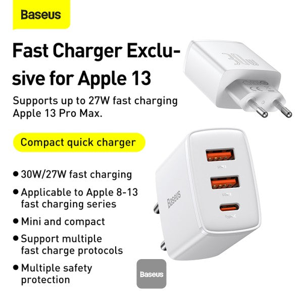 Baseus Compact quick charger USB Type C 2x USB 30W 3A Power Delivery Quick Charge white EU