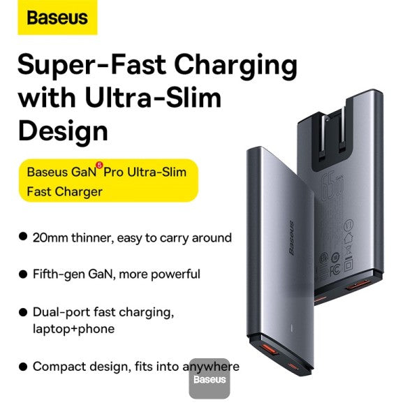 Baseus GaN5 Pro Ultra-Slim Fast Charger C+U 65W UK EU US Adapter Plug With 100W USB C Cable - Grey