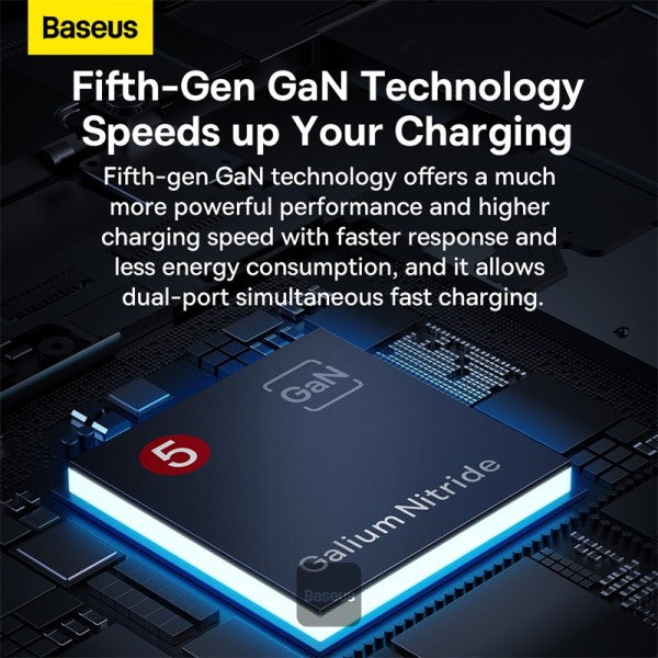 Baseus GaN5 Pro Ultra-Slim Fast Charger C+U 65W UK EU US Adapter Plug With 100W USB C Cable - Grey