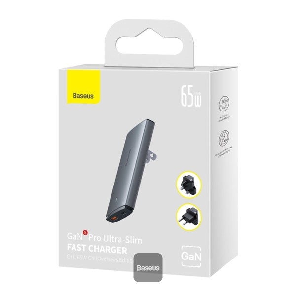 Baseus GaN5 Pro Ultra-Slim Fast Charger C+U 65W UK EU US Adapter Plug With 100W USB C Cable - Grey