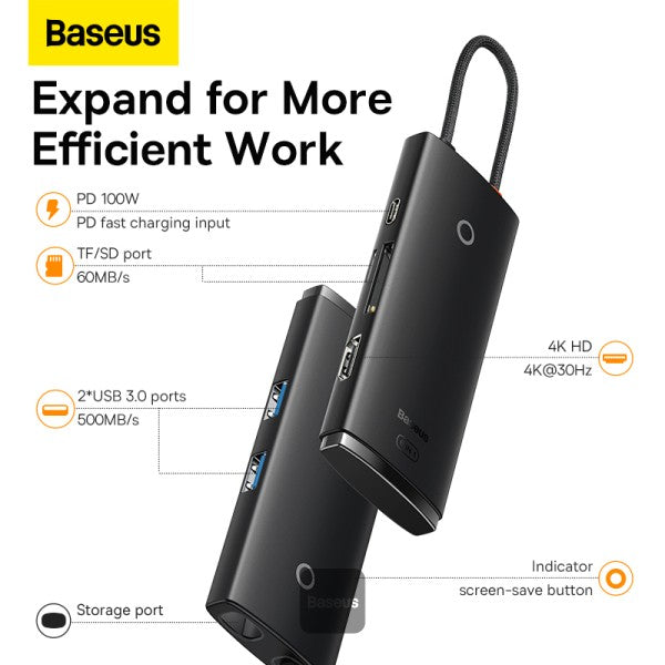 Baseus Lite Series multifunctional HUB USB Type C - 2 x USB 30  USB Type C PD  HDMI 14  SD  TF Black