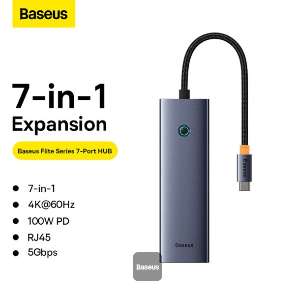 Baseus Flite Series 7-Port HUB Docking Station - 4K Fast Charging 100W PD 2 USB 30 Ports HDMI 4K@60Hz RJ45 1000Mbps SD TF Card Reader - Grey