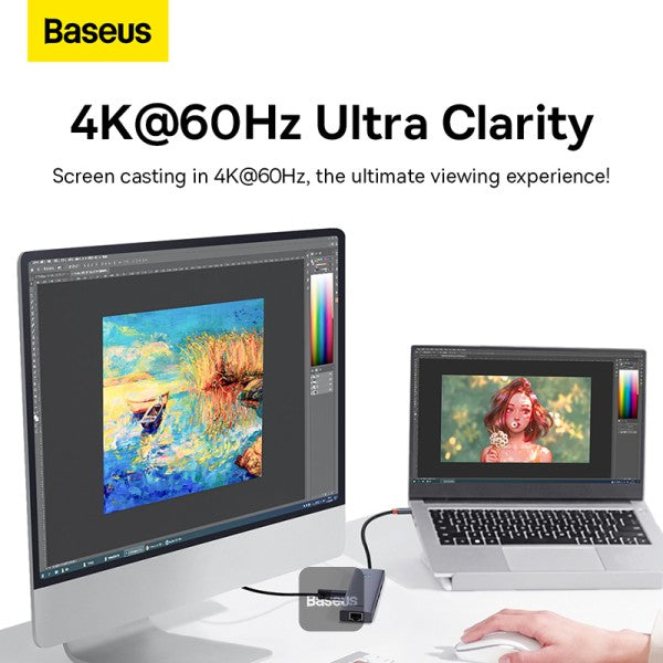 Baseus Flite Series 7-Port HUB Docking Station - 4K Fast Charging 100W PD 2 USB 30 Ports HDMI 4K@60Hz RJ45 1000Mbps SD TF Card Reader - Grey