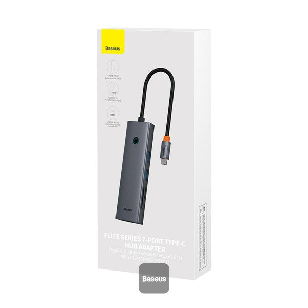 Baseus Flite Series 7-Port HUB Docking Station - 4K Fast Charging 100W PD 2 USB 30 Ports HDMI 4K@60Hz RJ45 1000Mbps SD TF Card Reader - Grey