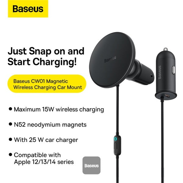 Baseus CW01 Magnetic Wireless Charging Car Mount 40W - Wireless Charging 15w+Type-C 25W - Black