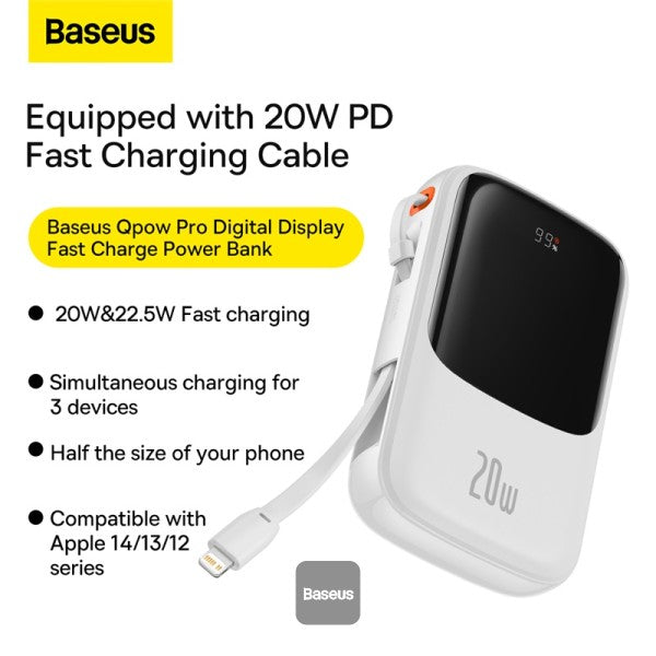 Baseus Qpow Pro Digital Display Fast Charge Power Bank 10000mAh 20W iPhone Edition White With: Simple charging cable Type-C 3A 03m White