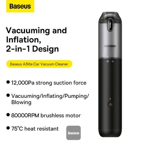 Baseus A3 Lite Car Vacuum Cleaner with Mini Air Blower Inflator & Pumping | 3 in 1 Portable Cordless 12000Pa Rechargeable - Black