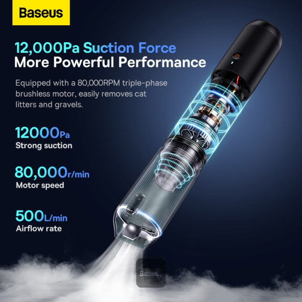 Baseus A3 Lite Car Vacuum Cleaner with Mini Air Blower Inflator & Pumping | 3 in 1 Portable Cordless 12000Pa Rechargeable - Black