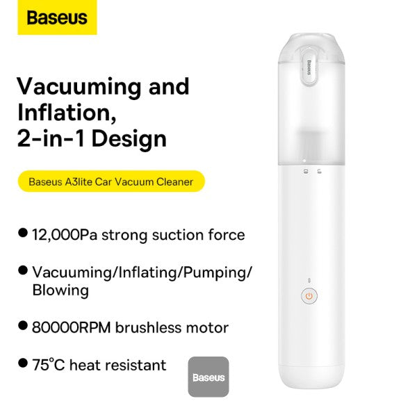 Baseus A3 Lite Car Vacuum Cleaner with Mini Air Blower Inflator & Pumping | 4 in 1 Portable Cordless 12000Pa Rechargeable - White
