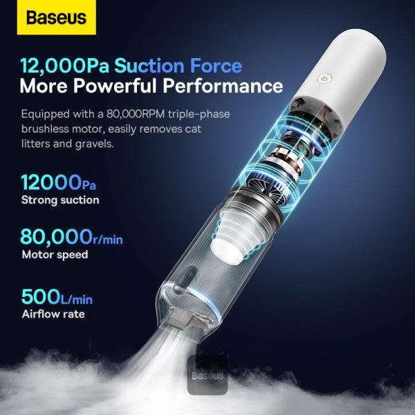 Baseus A3 Lite Car Vacuum Cleaner with Mini Air Blower Inflator & Pumping | 4 in 1 Portable Cordless 12000Pa Rechargeable - White