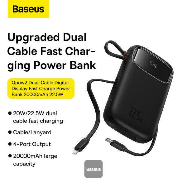 Baseus QPow2 10000mAh Digital Display Fast Charge Power Bank 225W With Built-in Dual-Cable Lightning And Type-C  - Black