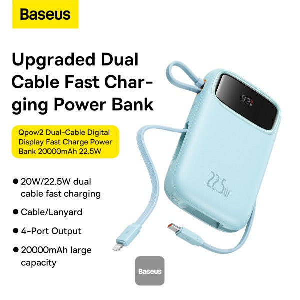 Baseus QPow2 10000mAh Digital Display Fast Charge Power Bank 225W With Built-in Dual-Cable Lightning And Type-C  - Galaxy Blue