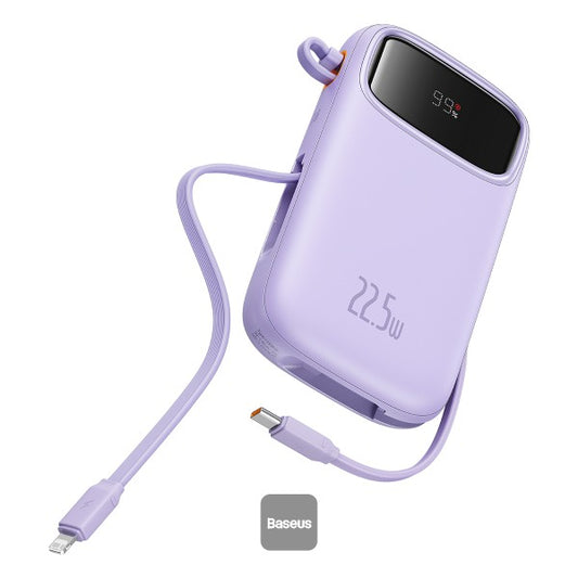 Baseus QPow2 10000mAh Digital Display Fast Charge Power Bank 225W With Built-in Dual-Cable Lightning And Type-C  - Purple
