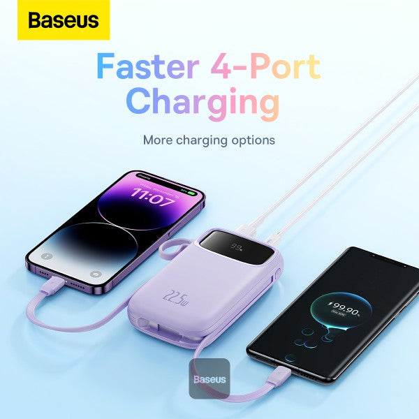 Baseus QPow2 10000mAh Digital Display Fast Charge Power Bank 225W With Built-in Dual-Cable Lightning And Type-C  - Purple