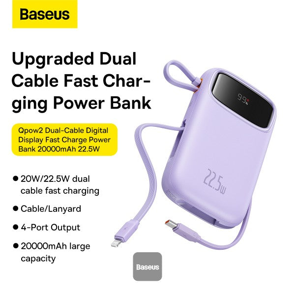Baseus QPow2 10000mAh Digital Display Fast Charge Power Bank 225W With Built-in Dual-Cable Lightning And Type-C  - Purple