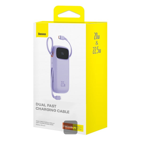 Baseus QPow2 10000mAh Digital Display Fast Charge Power Bank 225W With Built-in Dual-Cable Lightning And Type-C  - Purple