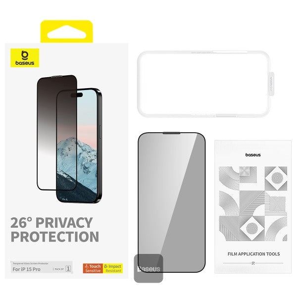 Baseus iPhone 15 Pro Premium Privacy Protection 9H Tempered Glass Screen Protector Full-Coverage with Easy Installation Kit (Diamond Series)
