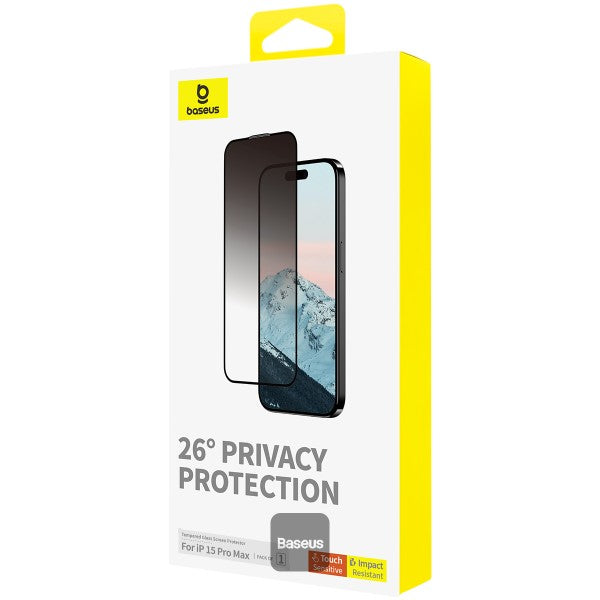 Baseus iPhone 15 Pro Max Premium Privacy Protection 9H Tempered Glass Screen Protector Full-Coverage with Easy Installation Kit (Diamond Series)