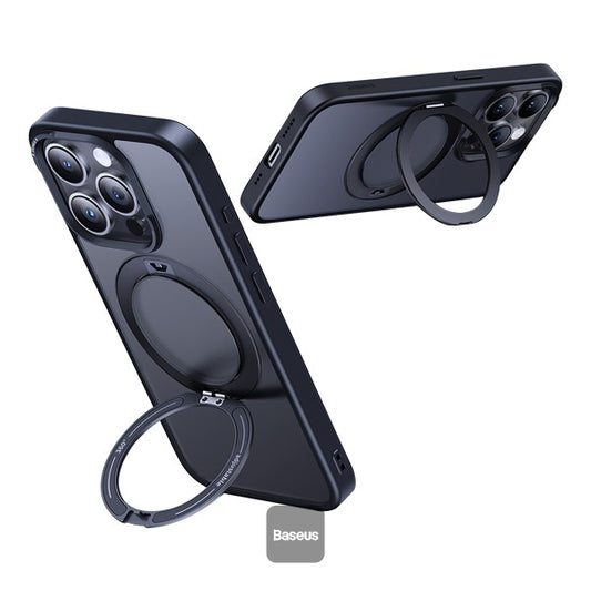 Baseus iPhone 15 Pro Max Magnetic Case with 360 Degree Rotatable Kickstand - Premium Quality Slim Anti-Fingerprint Matte Back Never Yellow - Black