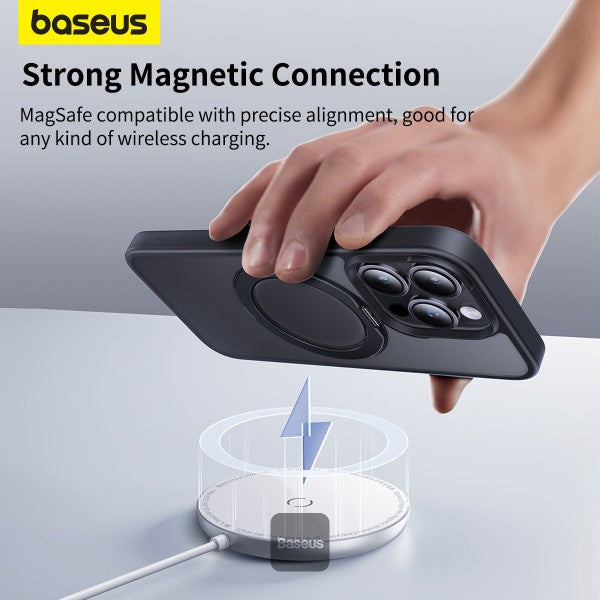 Baseus iPhone 15 Pro Max Magnetic Case with 360 Degree Rotatable Kickstand - Premium Quality Slim Anti-Fingerprint Matte Back Never Yellow - Black