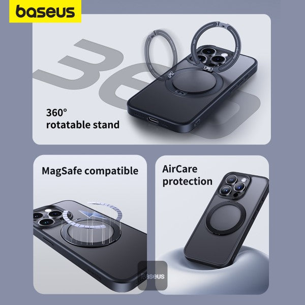 Baseus iPhone 15 Pro Max Magnetic Case with 360 Degree Rotatable Kickstand - Premium Quality Slim Anti-Fingerprint Matte Back Never Yellow - Black