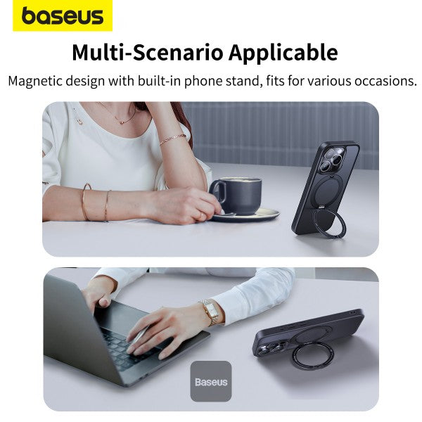 Baseus iPhone 15 Pro Max Magnetic Case with 360 Degree Rotatable Kickstand - Premium Quality Slim Anti-Fingerprint Matte Back Never Yellow - Black