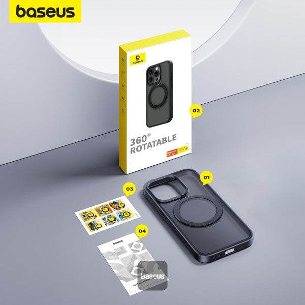 Baseus iPhone 15 Pro Max Magnetic Case with 360 Degree Rotatable Kickstand - Premium Quality Slim Anti-Fingerprint Matte Back Never Yellow - Black