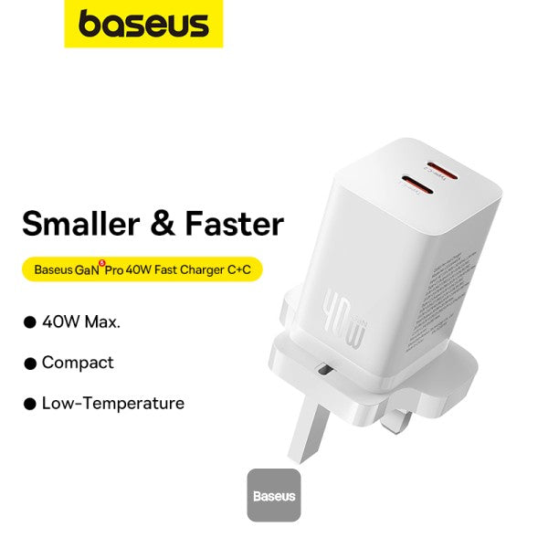 Baseus PD 40W Dual Type C Fast Charger - USB C GaN5 Pro Charging Adapter for MacBook Pro iPhone 15 14 13 Samsung Galaxy Pixel - White