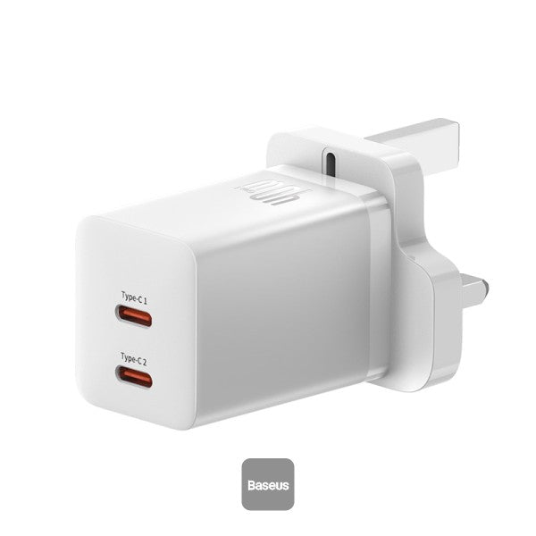 Baseus PD 40W Dual Type C Fast Charger - USB C GaN5 Pro Charging Adapter for MacBook Pro iPhone 15 14 13 Samsung Galaxy Pixel - White