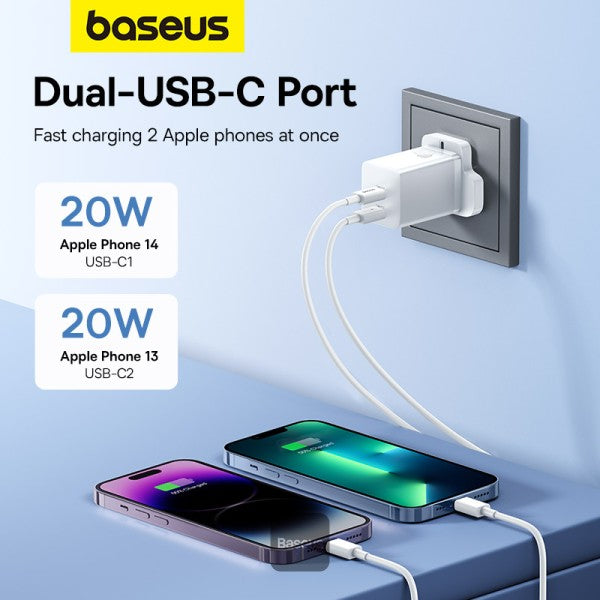 Baseus PD 40W Dual Type C Fast Charger - USB C GaN5 Pro Charging Adapter for MacBook Pro iPhone 15 14 13 Samsung Galaxy Pixel - White