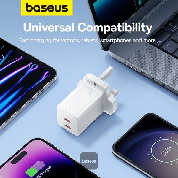 Baseus PD 40W Dual Type C Fast Charger - USB C GaN5 Pro Charging Adapter for MacBook Pro iPhone 15 14 13 Samsung Galaxy Pixel - White