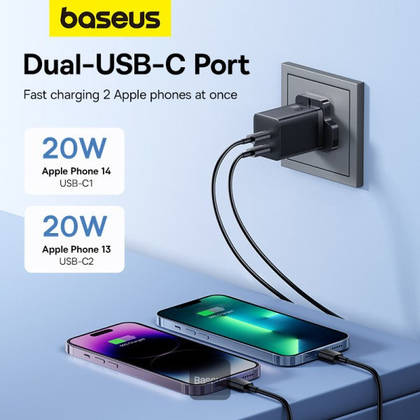 Baseus PD 40W Dual Type C Fast Charger - USB C GaN5 Pro Charging Adapter for MacBook Pro iPhone 15 14 13 Samsung Galaxy Pixel iPad AirPods iWatch - Black