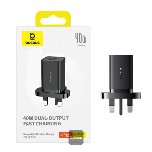 Baseus PD 40W Dual Type C Fast Charger - USB C GaN5 Pro Charging Adapter for MacBook Pro iPhone 15 14 13 Samsung Galaxy Pixel iPad AirPods iWatch - Black