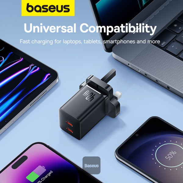 Baseus PD 40W Dual Type C Fast Charger - USB C GaN5 Pro Charging Adapter for MacBook Pro iPhone 15 14 13 Samsung Galaxy Pixel iPad AirPods iWatch - Black