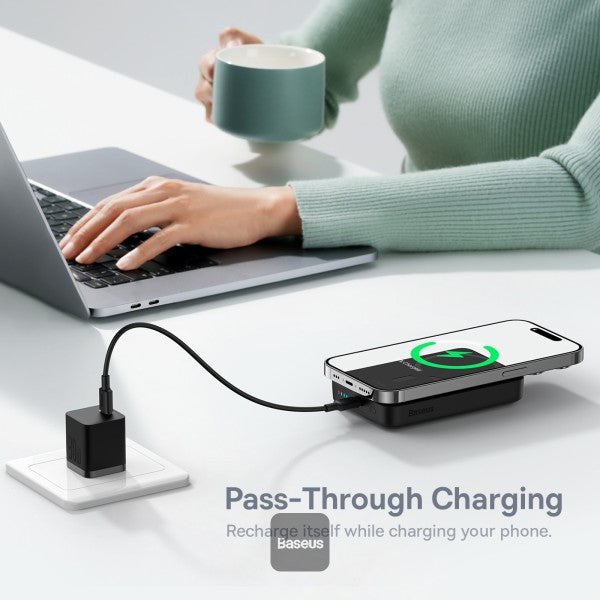 Baseus 10000mAh Magnetic Mini Wireless Fast Charge Magsafe Power Bank PD 30W With USB-C Cable - Black