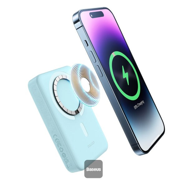 Baseus 10000mAh Magnetic Mini Wireless Fast Charge Magsafe Power Bank PD 30W With USB-C Cable - Sky Blue