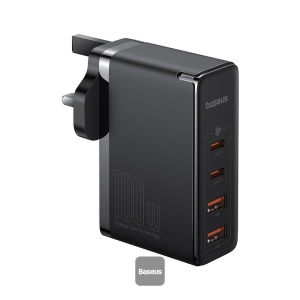 Baseus GaN5 Pro 100W 4 Port Fast Charger | 2 Type-C + 2 USB-A UK Plug with 100W Fast Charging Data Cable Type-C (20V 5A) 1M - Black