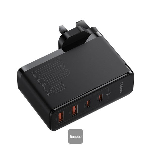 Baseus GaN5 Pro 100W 4 Port Fast Charger | 2 Type-C + 2 USB-A UK Plug with 100W Fast Charging Data Cable Type-C (20V 5A) 1M - Black