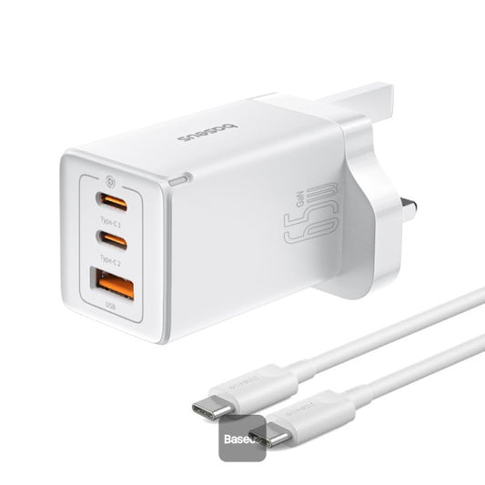 Baseus GaN5 Pro 65W 3 Port Fast Charger | 2 Type-C + USB-A UK Plug | Compatible With MacBook Pro Air iPad Pro iPhone 15 Pro Max Samsung S23 - White (Include: Baseus Xiaobai Series Fast Charging Cable Type-C to Type-C 100W(20V 5A) 1M - White)