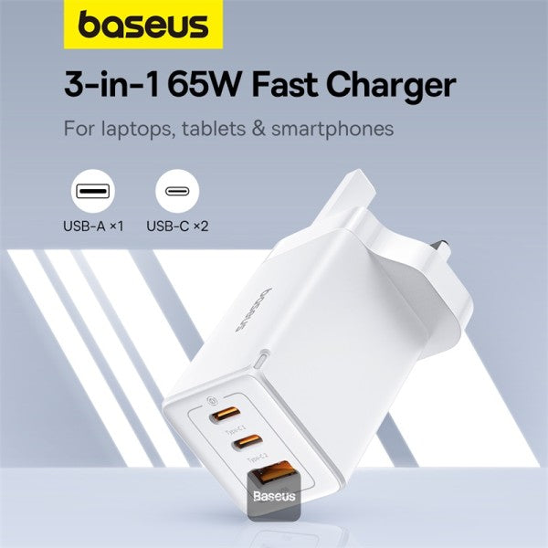Baseus GaN5 Pro 65W 3 Port Fast Charger | 2 Type-C + USB-A UK Plug | Compatible With MacBook Pro Air iPad Pro iPhone 15 Pro Max Samsung S23 - White (Include: Baseus Xiaobai Series Fast Charging Cable Type-C to Type-C 100W(20V 5A) 1M - White)