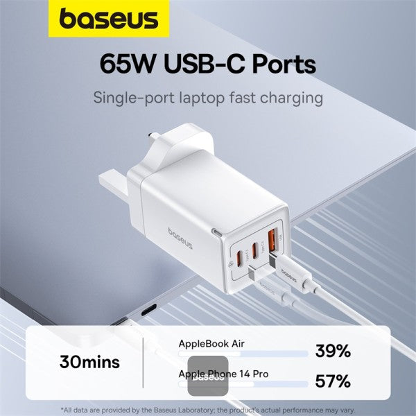 Baseus GaN5 Pro 65W 3 Port Fast Charger | 2 Type-C + USB-A UK Plug | Compatible With MacBook Pro Air iPad Pro iPhone 15 Pro Max Samsung S23 - White (Include: Baseus Xiaobai Series Fast Charging Cable Type-C to Type-C 100W(20V 5A) 1M - White)