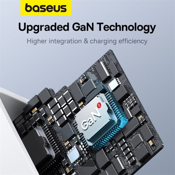 Baseus GaN5 Pro 65W 3 Port Fast Charger | 2 Type-C + USB-A UK Plug | Compatible With MacBook Pro Air iPad Pro iPhone 15 Pro Max Samsung S23 - White (Include: Baseus Xiaobai Series Fast Charging Cable Type-C to Type-C 100W(20V 5A) 1M - White)