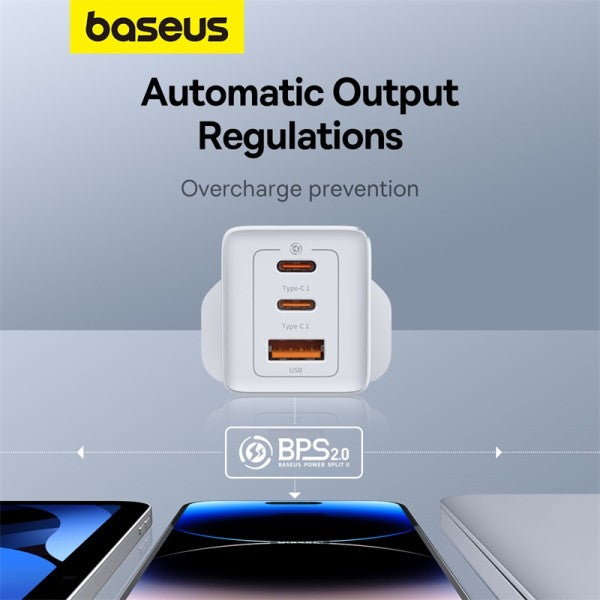 Baseus GaN5 Pro 65W 3 Port Fast Charger | 2 Type-C + USB-A UK Plug | Compatible With MacBook Pro Air iPad Pro iPhone 15 Pro Max Samsung S23 - White (Include: Baseus Xiaobai Series Fast Charging Cable Type-C to Type-C 100W(20V 5A) 1M - White)