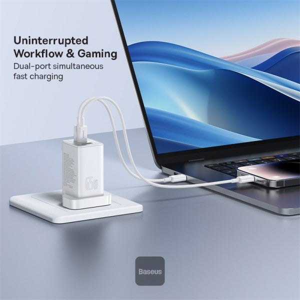 Baseus GaN5 Pro 65W 3 Port Fast Charger | 2 Type-C + USB-A UK Plug | Compatible With MacBook Pro Air iPad Pro iPhone 15 Pro Max Samsung S23 - White (Include: Baseus Xiaobai Series Fast Charging Cable Type-C to Type-C 100W(20V 5A) 1M - White)