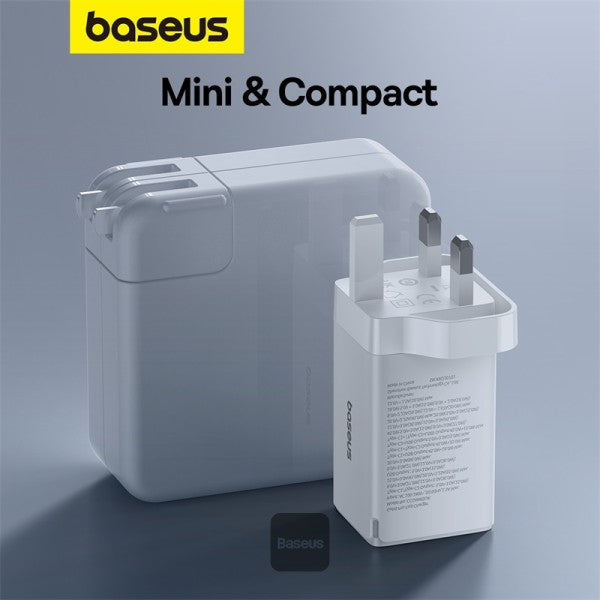 Baseus GaN5 Pro 65W 3 Port Fast Charger | 2 Type-C + USB-A UK Plug | Compatible With MacBook Pro Air iPad Pro iPhone 15 Pro Max Samsung S23 - White (Include: Baseus Xiaobai Series Fast Charging Cable Type-C to Type-C 100W(20V 5A) 1M - White)