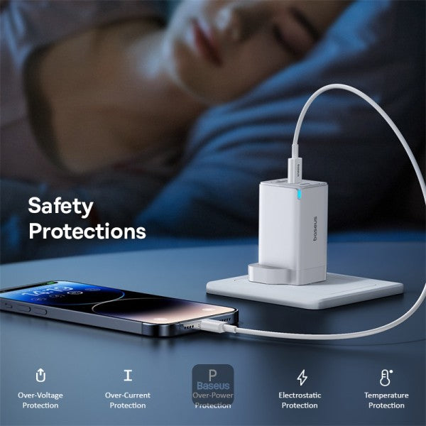 Baseus GaN5 Pro 65W 3 Port Fast Charger | 2 Type-C + USB-A UK Plug | Compatible With MacBook Pro Air iPad Pro iPhone 15 Pro Max Samsung S23 - White (Include: Baseus Xiaobai Series Fast Charging Cable Type-C to Type-C 100W(20V 5A) 1M - White)
