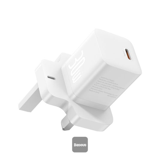 Baseus GaN5 30W Type-C Mini Fast Charger | UK Plug | Compatible With MacBook Pro Air iPad Pro iPhone 15 Pro Max Samsung S23 - White