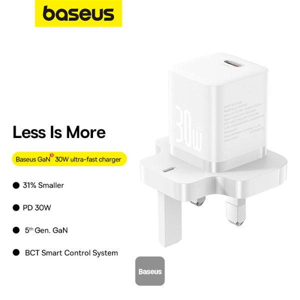Baseus GaN5 30W Type-C Mini Fast Charger | UK Plug | Compatible With MacBook Pro Air iPad Pro iPhone 15 Pro Max Samsung S23 - White