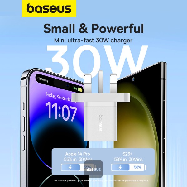 Baseus GaN5 30W Type-C Mini Fast Charger | UK Plug | Compatible With MacBook Pro Air iPad Pro iPhone 15 Pro Max Samsung S23 - White